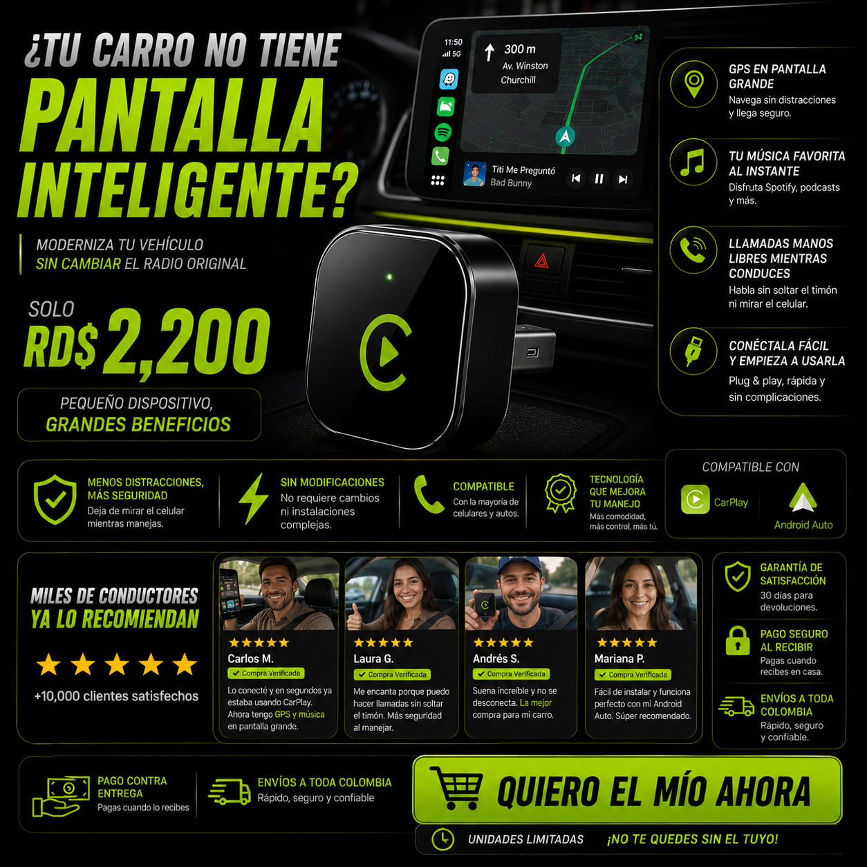 Pantalla portátil CarPlay y Android Auto para carros en República Dominicana — GPS, Spotify y llamadas manos libres sin modificar el tablero