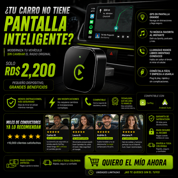 Pantalla portátil CarPlay y Android Auto para carros en República Dominicana — GPS, Spotify y llamadas manos libres sin modificar el tablero