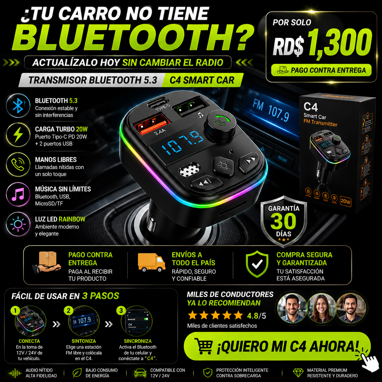 Transmisor Bluetooth 5.3 Para Carro C4
